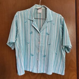 BonWorth Striped Butterfly Embroidery Teal White Button Up Blouse